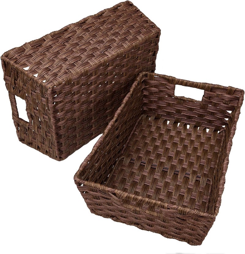 onlytak Large Wicker Storage Basket, Metal Frame, Set of 2, Washable Waterproof, 15" x 10.3" x 5.2", Brown Color, Woven Basket for Pantry, Toilet, Bathroom, Bedroom, Patio - Image 3